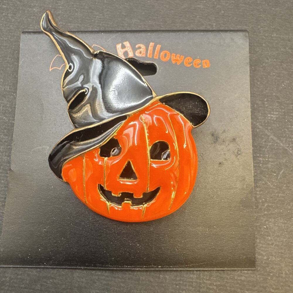 Vintage Enamel Jack O Lantern Pumpkin Witch Hat Halloween Brooch Pin 2.25” New